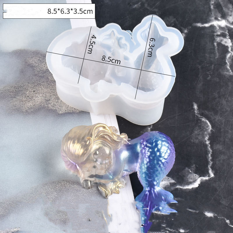 Arts And More Tail Silicone Mold with measurements and a colorful mermaid tail resin craft sample